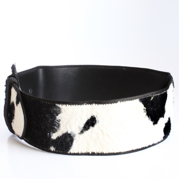 Vintage Norma Kamali OMO Cow Print Wide Belt Black White Faux Fur Leather 90s main image 6